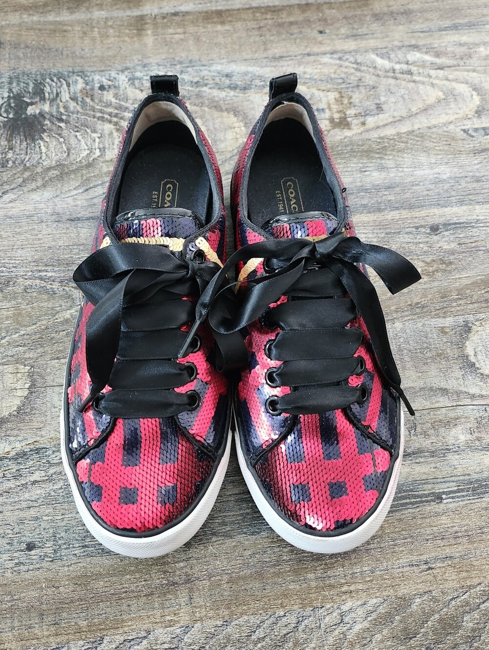 COACH Red Navy Sequin Low-Top Sneakers with Black Ribbon Laces, Women's Size 8B
